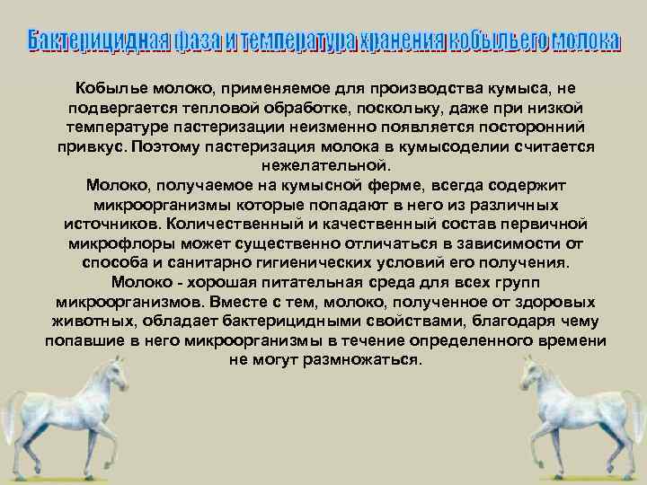 Кобылье молоко, применяемое для производства кумыса, не подвергается тепловой обработке, поскольку, даже при низкой