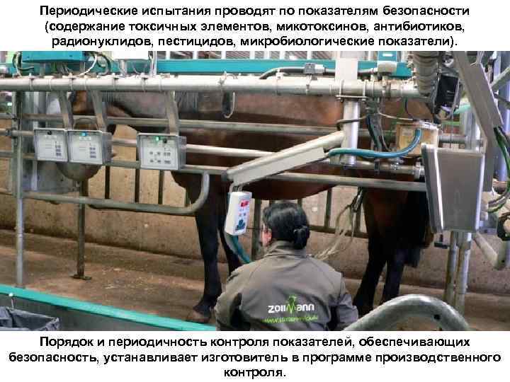 Периодические испытания проводят по показателям безопасности (содержание токсичных элементов, микотоксинов, антибиотиков, радионуклидов, пестицидов, микробиологические