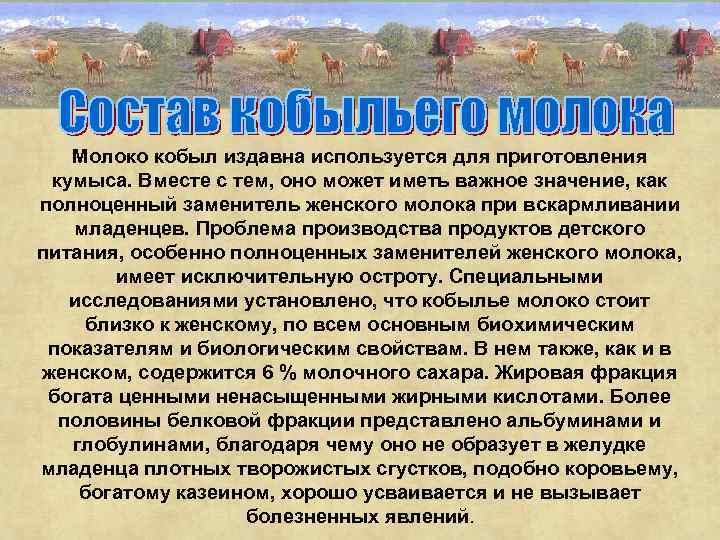 Молоко кобыл издавна используется для приготовления кумыса. Вместе с тем, оно может иметь важное