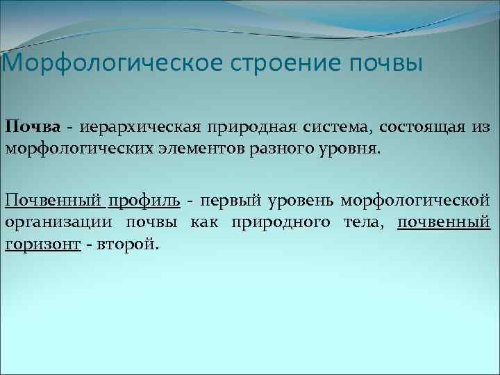 Морфологическое строение почвы Почва - иерархическая природная система, состоящая из морфологических элементов разного уровня.