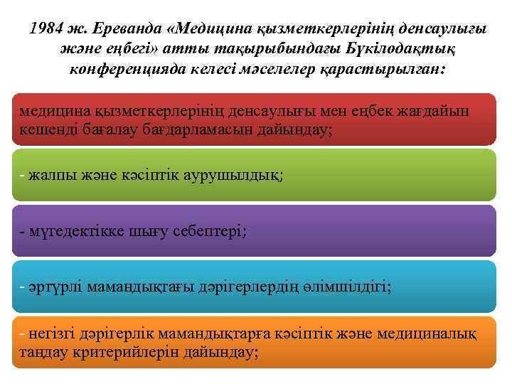 1984 ж. Ереванда «Медицина қызметкерлерінің денсаулығы және еңбегі» атты тақырыбындағы Бүкілодақтық конференцияда келесі мәселелер