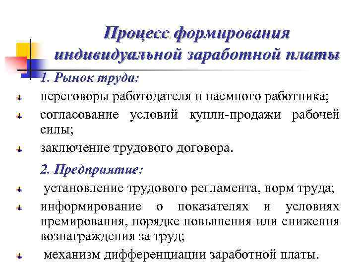 Процесс формирования индивидуальной заработной платы 1. Рынок труда: переговоры работодателя и наемного работника; согласование