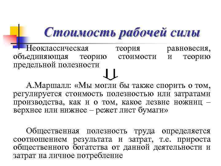 Стоимость рабочей силы Неоклассическая теория равновесия, объединяющая теорию стоимости и теорию предельной полезности А.