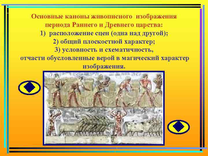 Основные каноны живописного изображения периода Раннего и Древнего царства: 1) расположение сцен (одна над