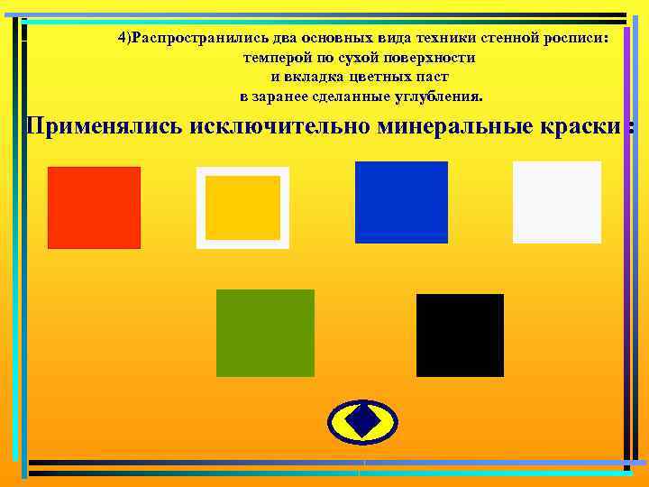 4)Распространились два основных вида техники стенной росписи: темперой по сухой поверхности и вкладка цветных