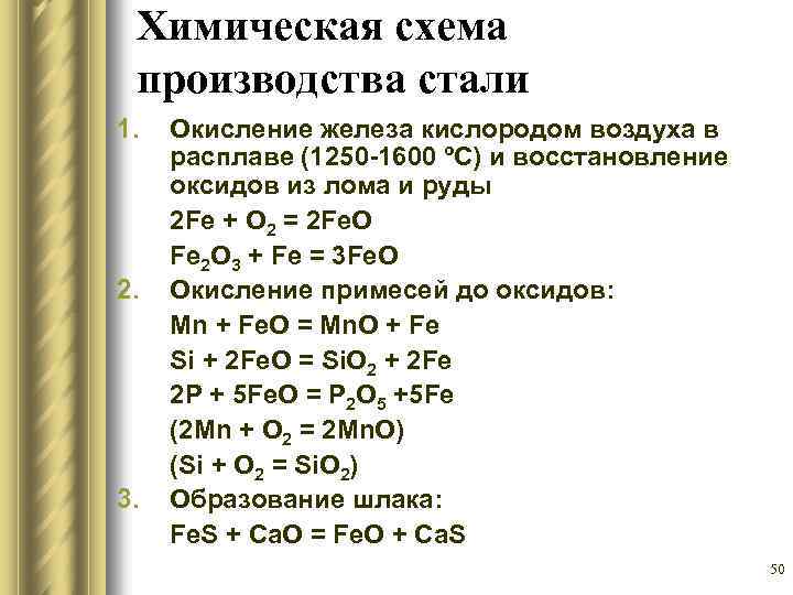 Химическая схема производства стали 1. 2. 3. Окисление железа кислородом воздуха в расплаве (1250