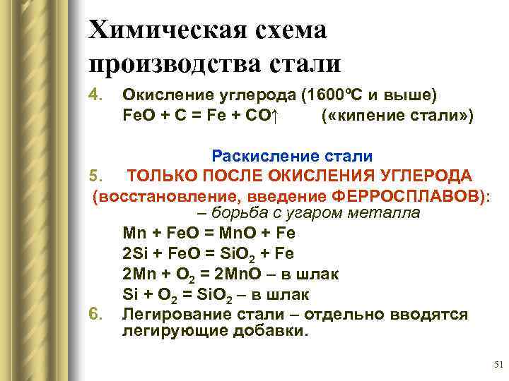 Химическая схема производства стали 4. Окисление углерода (1600ºС и выше) Fe. O + C