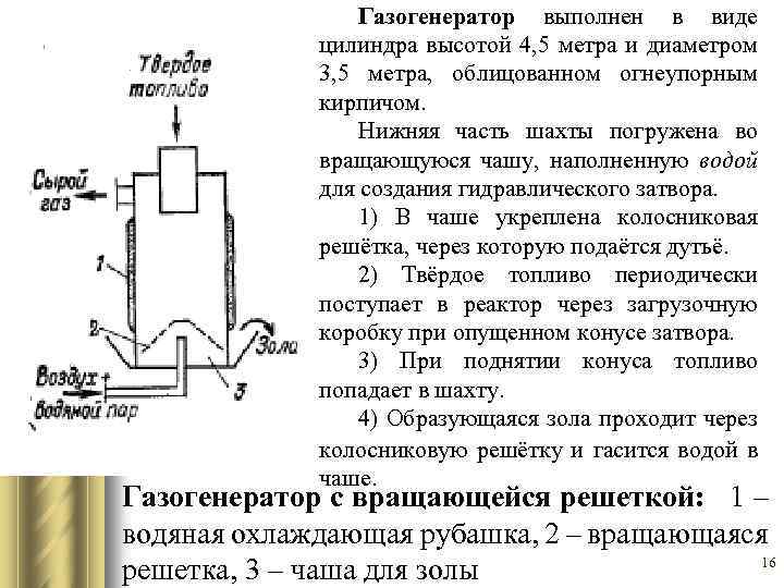 Газогенератор выполнен в виде цилиндра высотой 4, 5 метра и диаметром 3, 5 метра,