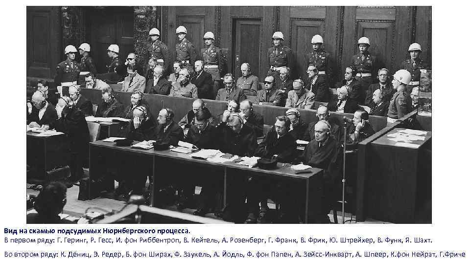 Вид на скамью подсудимых Нюрнбергского процесса. В первом ряду: Г. Геринг, Р. Гесс, И.