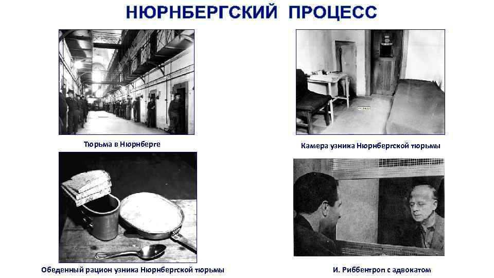 Тюрьма в Нюрнберге Обеденный рацион узника Нюрнбергской тюрьмы Камера узника Нюрнбергской тюрьмы И. Риббентроп