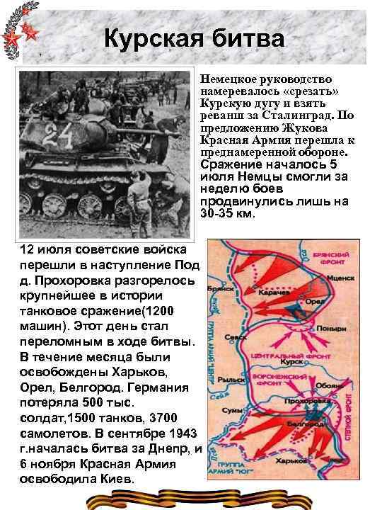 Курская битва Немецкое руководство намеревалось «срезать» Курскую дугу и взять реванш за Сталинград. По