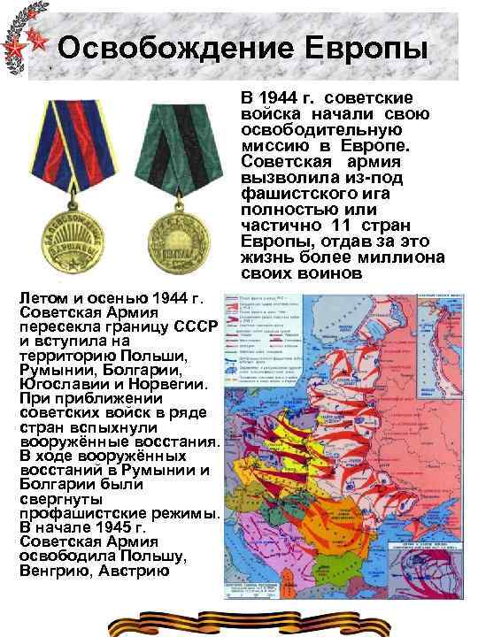 Освобождение Европы В 1944 г. советские войска начали свою освободительную миссию в Европе. Советская