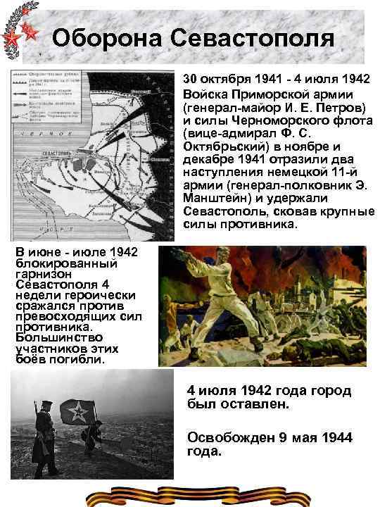 Оборона Севастополя 30 октября 1941 - 4 июля 1942 Войска Приморской армии (генерал-майор И.