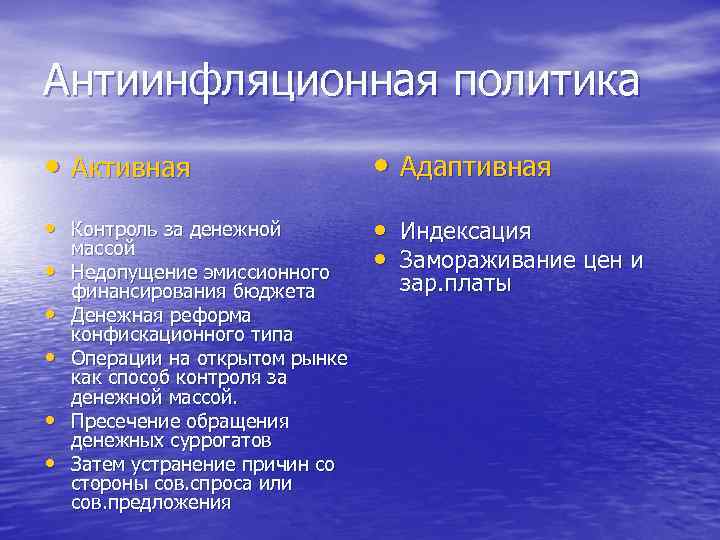 Антиинфляционная политика • Активная • Адаптивная • Контроль за денежной • Индексация • Замораживание