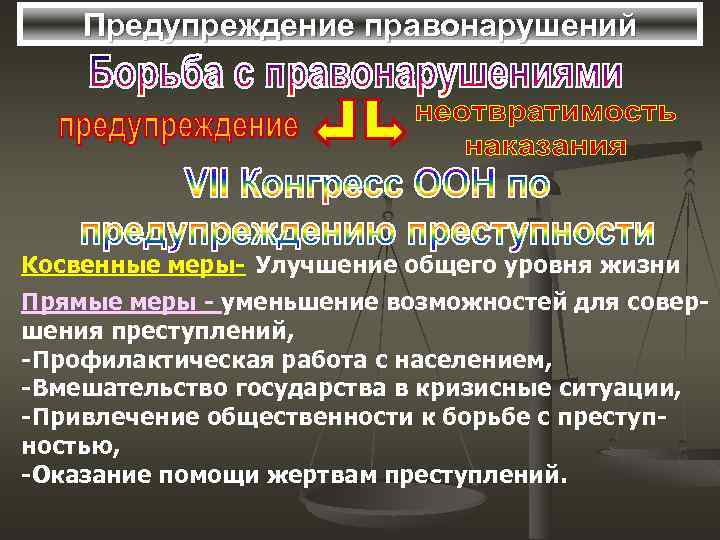 Предупреждение правонарушений Косвенные меры- Улучшение общего уровня жизни Прямые меры - уменьшение возможностей для