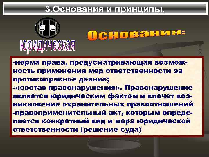 3. Основания и принципы. -норма права, предусматривающая возможность применения мер ответственности за противоправное деяние;