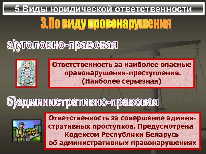 5. Виды юридической ответственности Ответственность за наиболее опасные правонарушения-преступления. (Наиболее серьезная) Ответственность за совершение