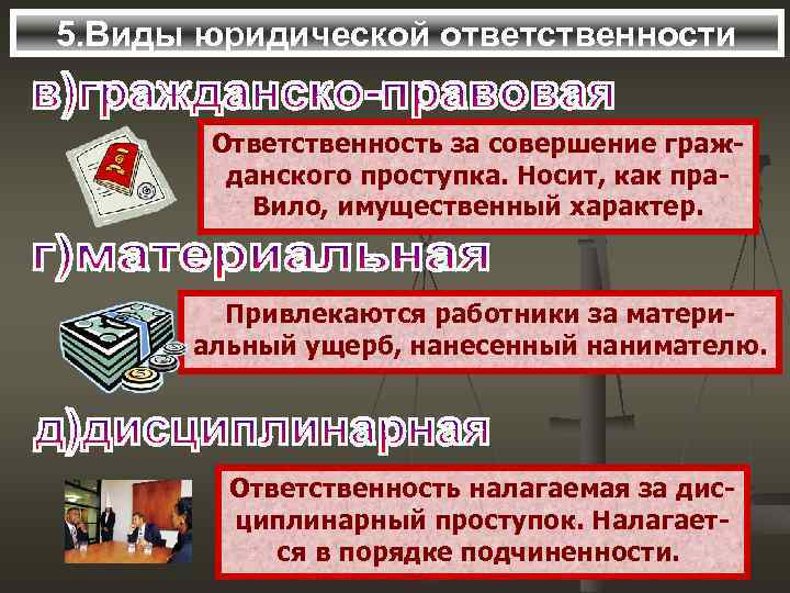 5. Виды юридической ответственности Ответственность за совершение гражданского проступка. Носит, как пра. Вило, имущественный
