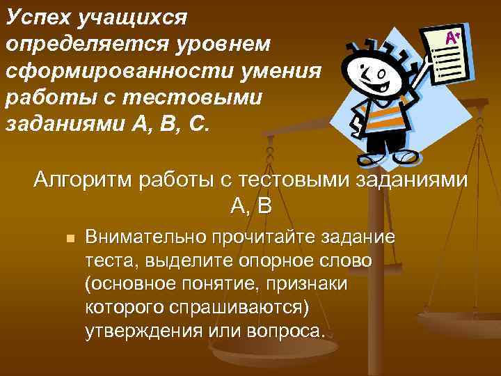 Успех учащихся определяется уровнем сформированности умения работы с тестовыми заданиями А, В, С. Алгоритм