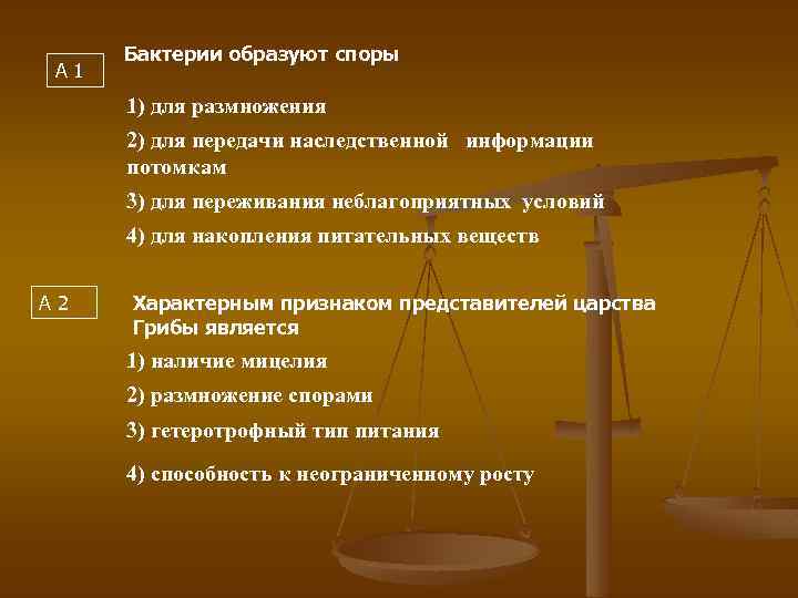 А 1 Бактерии образуют споры 1) для размножения 2) для передачи наследственной информации потомкам