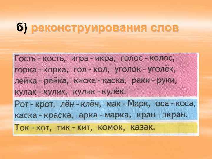 б) реконструирования слов 