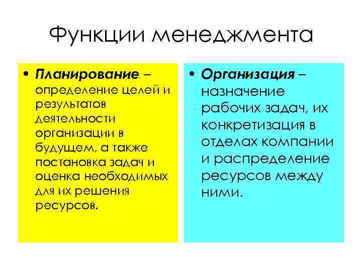Функции менеджмента • Планирование – определение целей и результатов деятельности организации в будущем, а