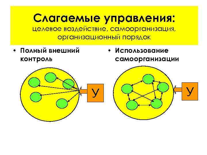 Слагаемые управления: целевое воздействие, самоорганизация, организационный порядок • Полный внешний контроль • Использование самоорганизации