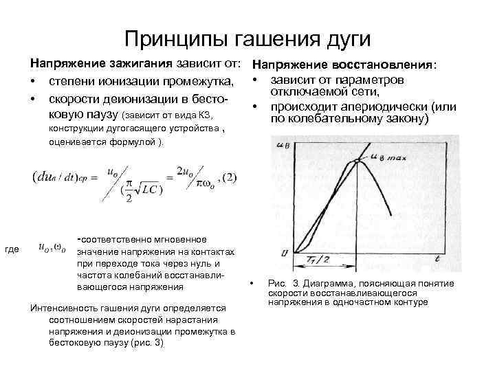 Принципы гашения дуги Напряжение зажигания зависит от: Напряжение восстановления: • степени ионизации промежутка, •