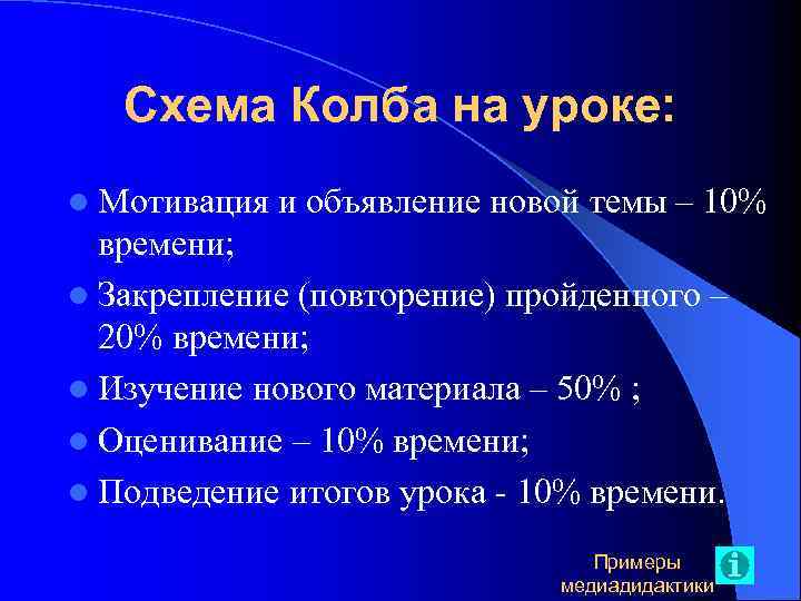 Схема Колба на уроке: l Мотивация и объявление новой темы – 10% времени; l