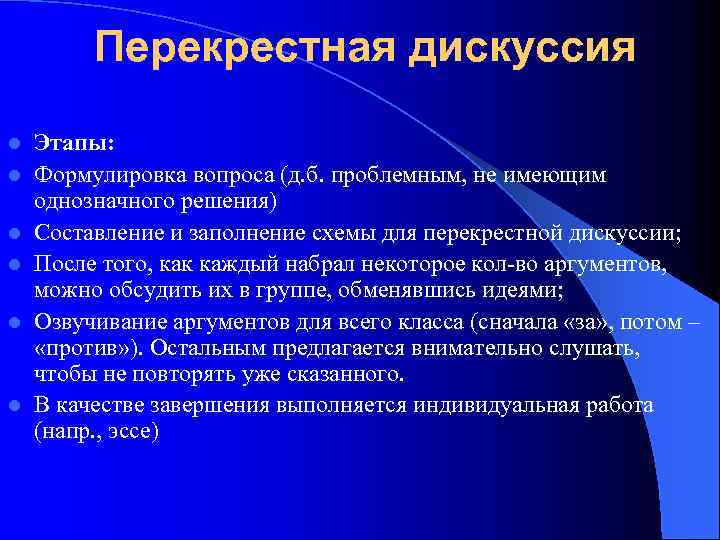 Перекрестная дискуссия l l l Этапы: Формулировка вопроса (д. б. проблемным, не имеющим однозначного