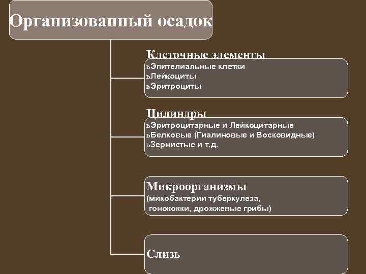 Организованный осадок Клеточные элементы ь Эпителиальные клетки ь Лейкоциты ь Эритроциты Цилиндры ь Эритроцитарные
