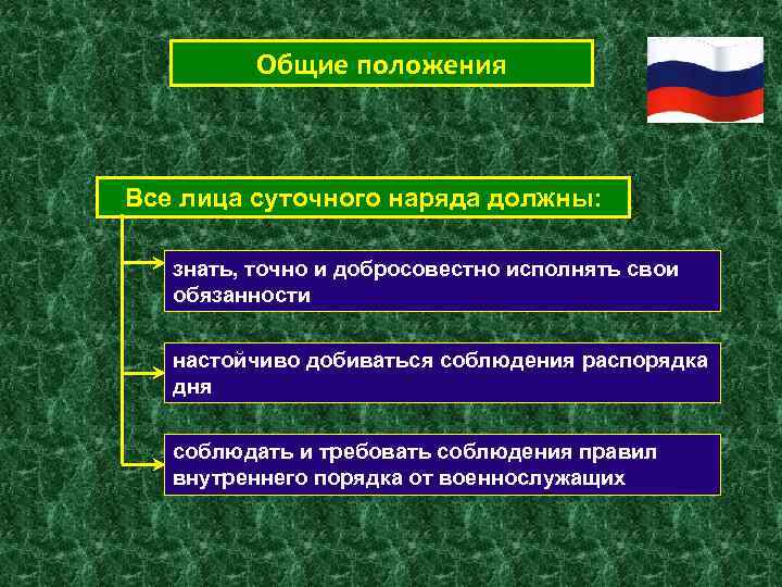 Общие положения Все лица суточного наряда должны: знать, точно и добросовестно исполнять свои обязанности