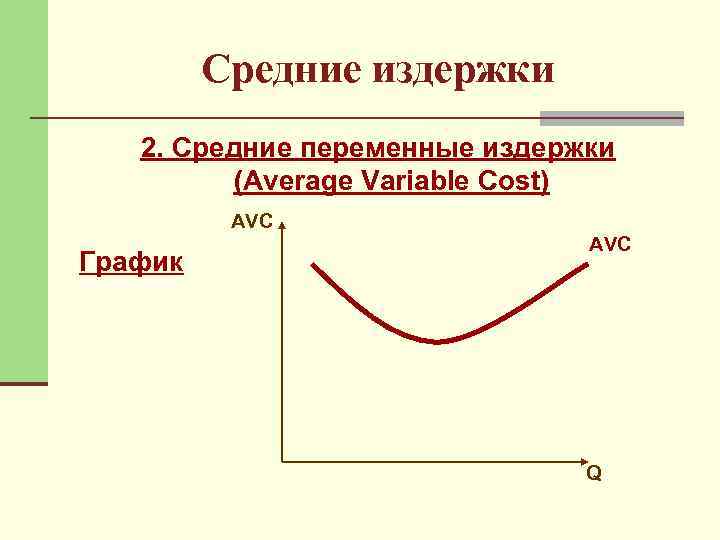 Средние издержки 2. Средние переменные издержки (Average Variable Cost) AVC График AVC Q 