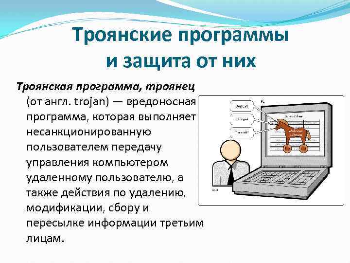 Троянские программы и защита от них Троянская программа, троянец (от англ. trojan) — вредоносная