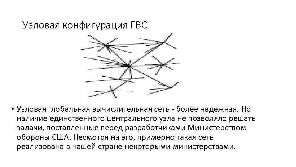 Узловая конфигурация ГВС • Узловая глобальная вычислительная сеть - более надежная. Но наличие единственного