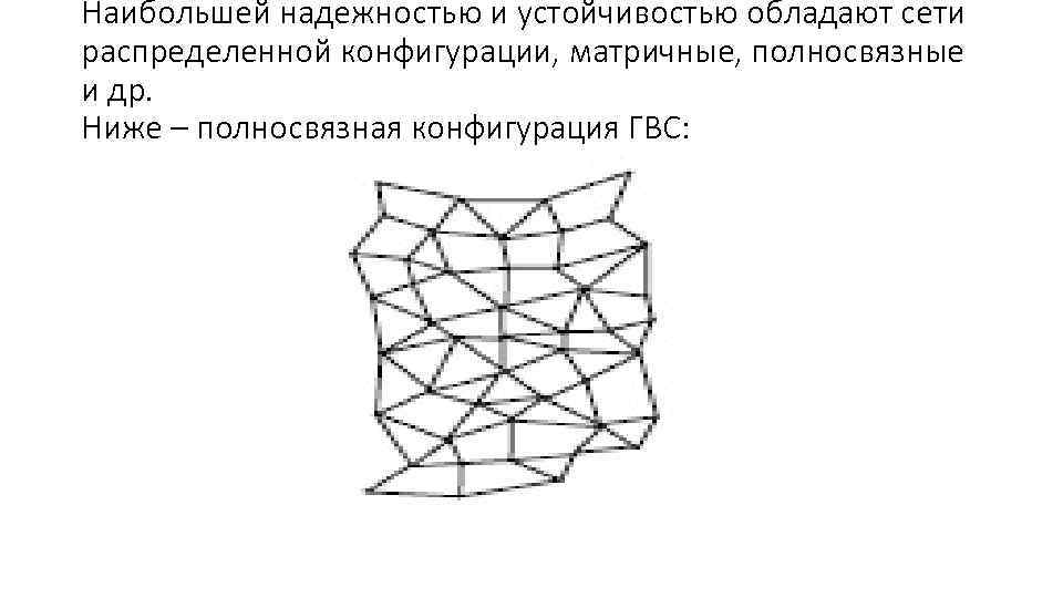 Наибольшей надежностью и устойчивостью обладают сети распределенной конфигурации, матричные, полносвязные и др. Ниже –