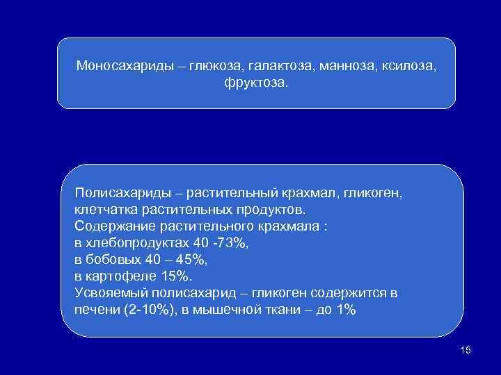 Моносахариды – глюкоза, галактоза, манноза, ксилоза, фруктоза. Полисахариды – растительный крахмал, гликоген, клетчатка растительных