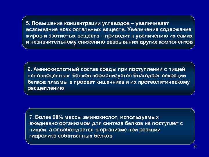 5. Повышение концентрации углеводов – увеличивает всасывание всех остальных веществ. Увеличение содержание жиров и