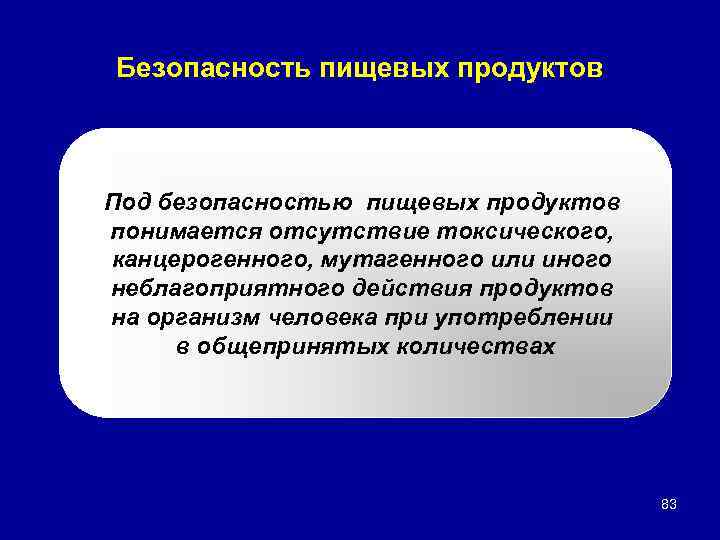 Безопасность пищевых продуктов Под безопасностью пищевых продуктов понимается отсутствие токсического, канцерогенного, мутагенного или иного