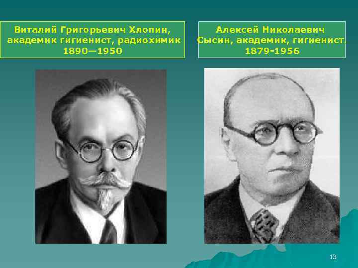 Виталий Григорьевич Хлопин, академик гигиенист, радиохимик 1890— 1950 Алексей Николаевич Сысин, академик, гигиенист. 1879