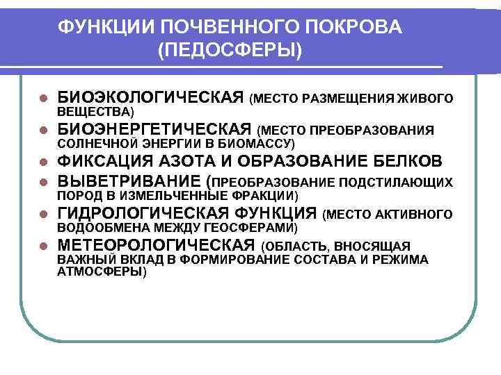 ФУНКЦИИ ПОЧВЕННОГО ПОКРОВА (ПЕДОСФЕРЫ) l БИОЭКОЛОГИЧЕСКАЯ (МЕСТО РАЗМЕЩЕНИЯ ЖИВОГО l БИОЭНЕРГЕТИЧЕСКАЯ (МЕСТО ПРЕОБРАЗОВАНИЯ l