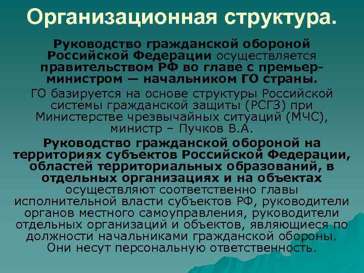 Организационная структура. Руководство гражданской обороной Российской Федерации осуществляется правительством РФ во главе с премьерминистром