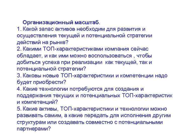 Управление стратегией на уровне рынка Организационный масштаб. 1. Какой запас активов необходим для развития