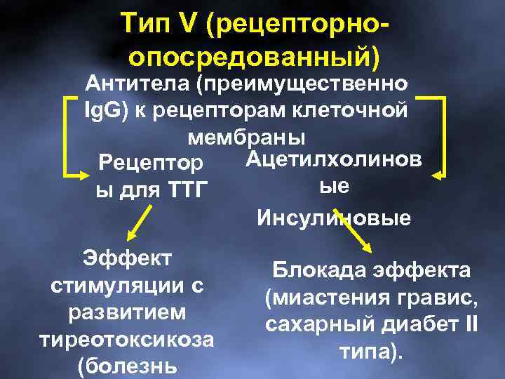 Тип V (рецепторноопосредованный) Антитела (преимущественно Ig. G) к рецепторам клеточной мембраны Ацетилхолинов Рецептор ые