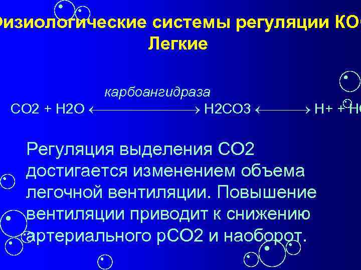 Физиологические системы регуляции КОС Легкие карбоангидраза СО 2 + Н 2 О Н 2