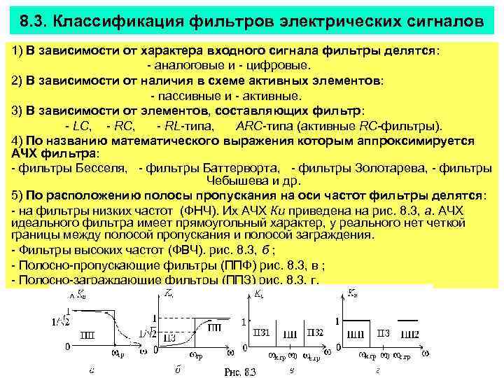 8. 3. Классификация фильтров электрических сигналов 1) В зависимости от характера входного сигнала фильтры