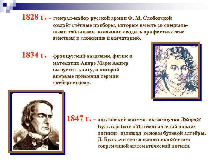 1828 г. – генерал-майор русской армии Ф. М. Слободской создаёт счётные приборы, которые вместе