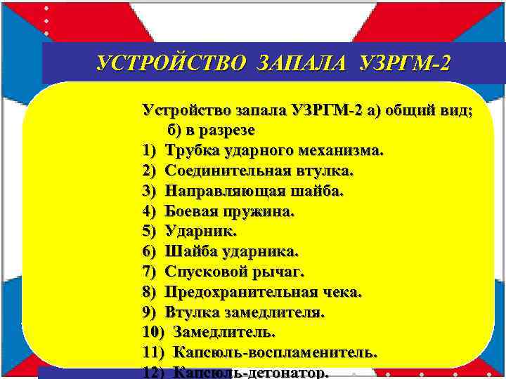 УСТРОЙСТВО ЗАПАЛА УЗРГМ-2 Устройство запала УЗРГМ-2 а) общий вид; б) в разрезе 1) Трубка