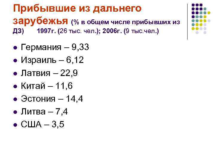 Прибывшие из дальнего зарубежья (% в общем числе прибывших из ДЗ) l l l