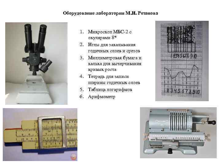 Оборудование лаборатории М. И. Розанова 1. Микроскоп МБС-2 с окулярами 8* 2. Иглы для